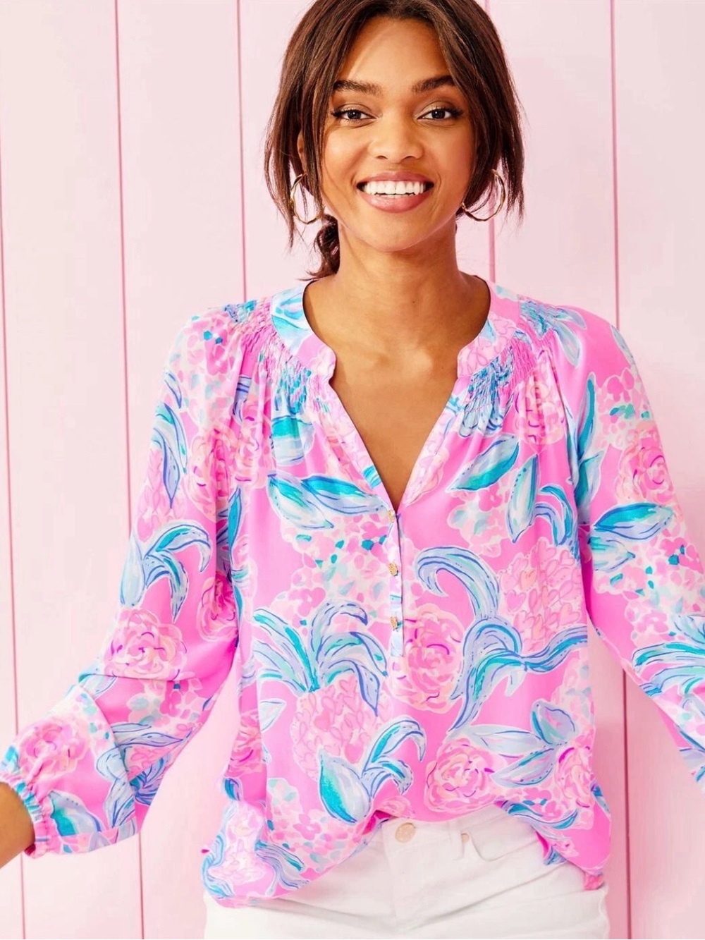 NWT Lilly Pulitzer 100% Silk Elsa Top in Prosecco Pink Pinking Positive